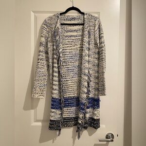 Fate Blue and Cream Fringe Cardigan Sweater